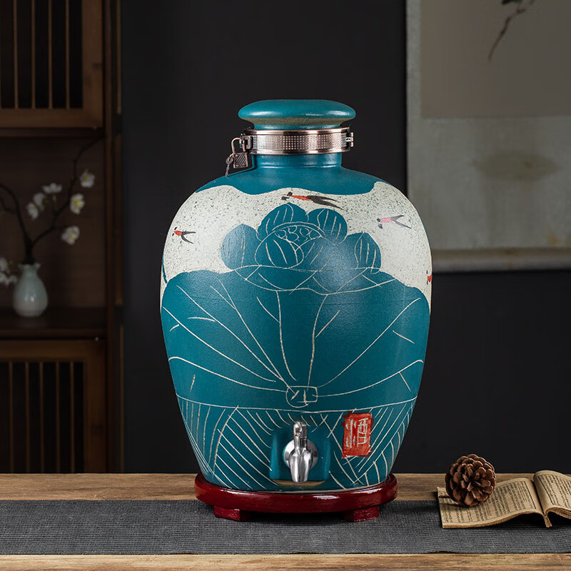 景德鎮(zhèn)陶瓷酒壇子10/20/30/50斤裝窖藏大酒缸家用密封泡酒瓶釀酒 綠荷花魚帶不銹鋼龍頭送鎖扣底座 10斤