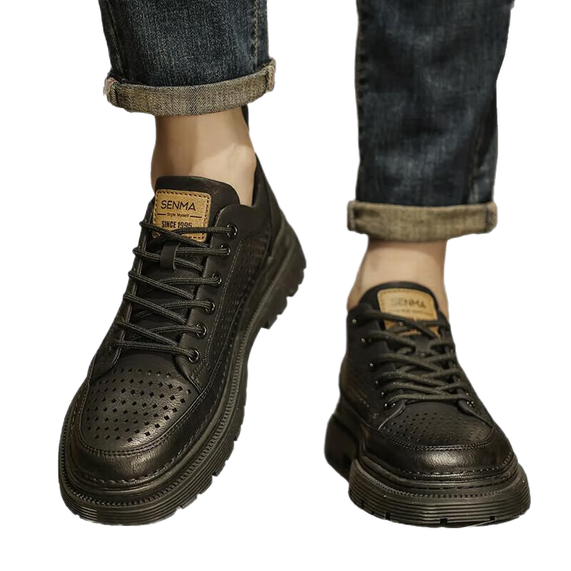 森馬（senma）男鞋秋季鏤空透氣工作低幫黑色馬丁靴英倫風男士商務(wù)正裝休閑鞋男 黑色 39