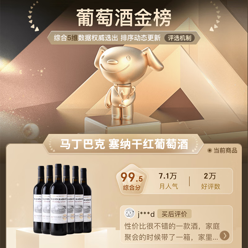 马丁巴克法国红酒整箱塞纳赤霞珠进口干红葡萄酒14度送礼 2支酒+酒具三件套