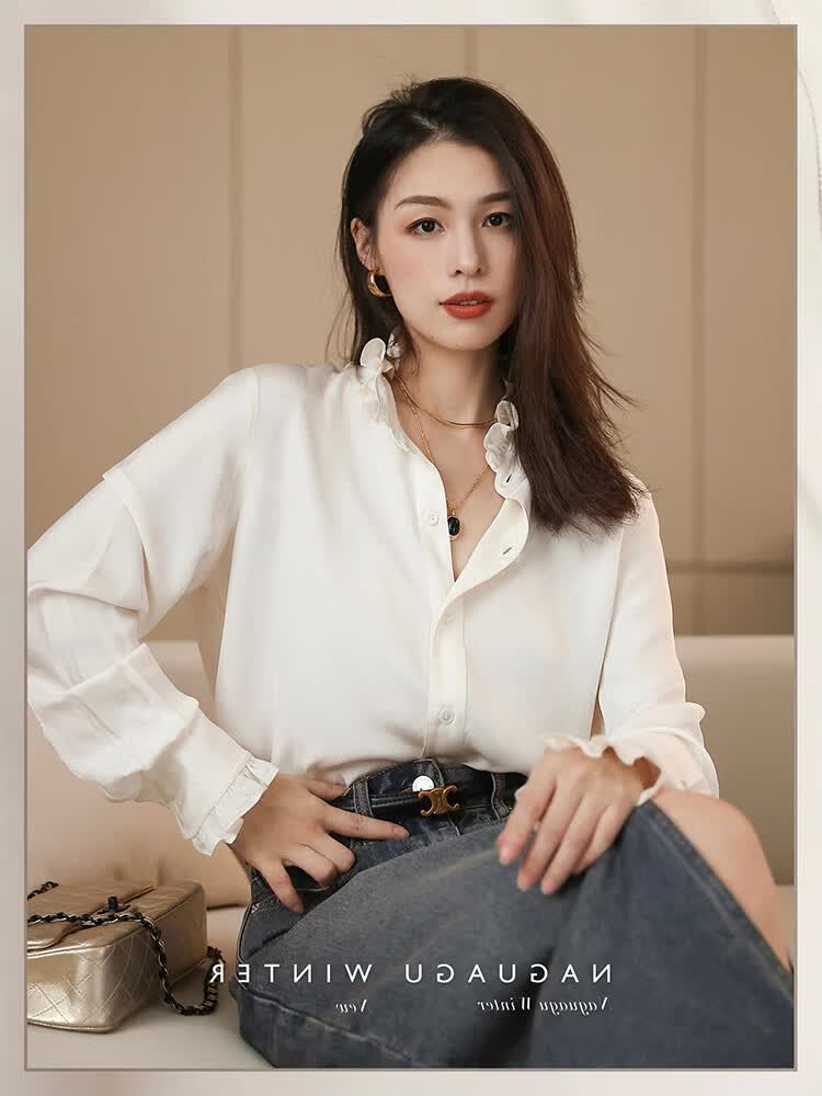 皮尔卡丹(pierre cardin)高档真丝衬衣女法式宫廷木耳领衬衫女早春