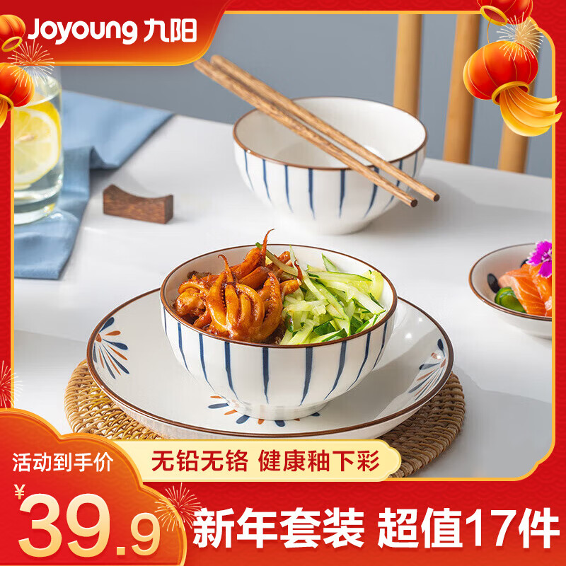 九阳陶瓷碗盘套装 家用餐具碗筷勺套装汤面碗盘耐高温 花瑶系列 3人食 混色 17件套