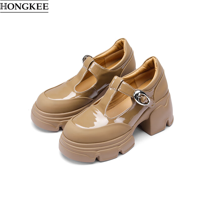 红科（HONGKEE）春季英伦风圆头粗跟金属饰扣时尚优雅玛丽珍单鞋女HD94D101 甜蜜棕 39