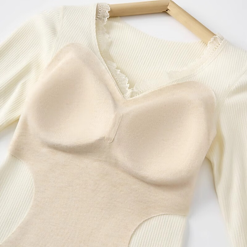 多情猫羊绒蚕丝保暖内衣10A抑菌暖宫带胸垫加绒秋衣秋裤套装秋冬打底衫 蕾丝V领黑色-上衣 【10A绵羊毛蚕丝】 L 【100-120斤】