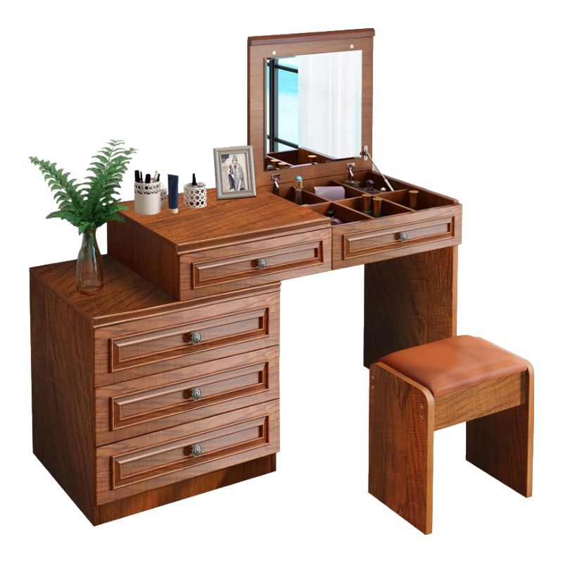 慕瀾（MULAN）梳妝臺(tái)臥室一體實(shí)木色新中式化妝桌多功能小戶型美式梳妝臺(tái) 鏡子在右-三斗柜100-150*50*78