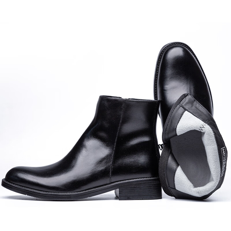 军迷用冬季羊毛皮鞋男加厚高帮牛皮靴校尉常服绒皮鞋商务休闲正装 加