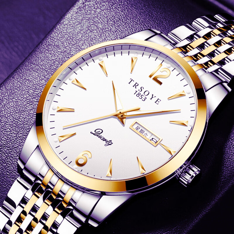 CLNAI时尚潮流男表防水夜光双日历星期钢带大气男士手表男款考试腕表 间金白面【日期+星期+夜光】 39mm