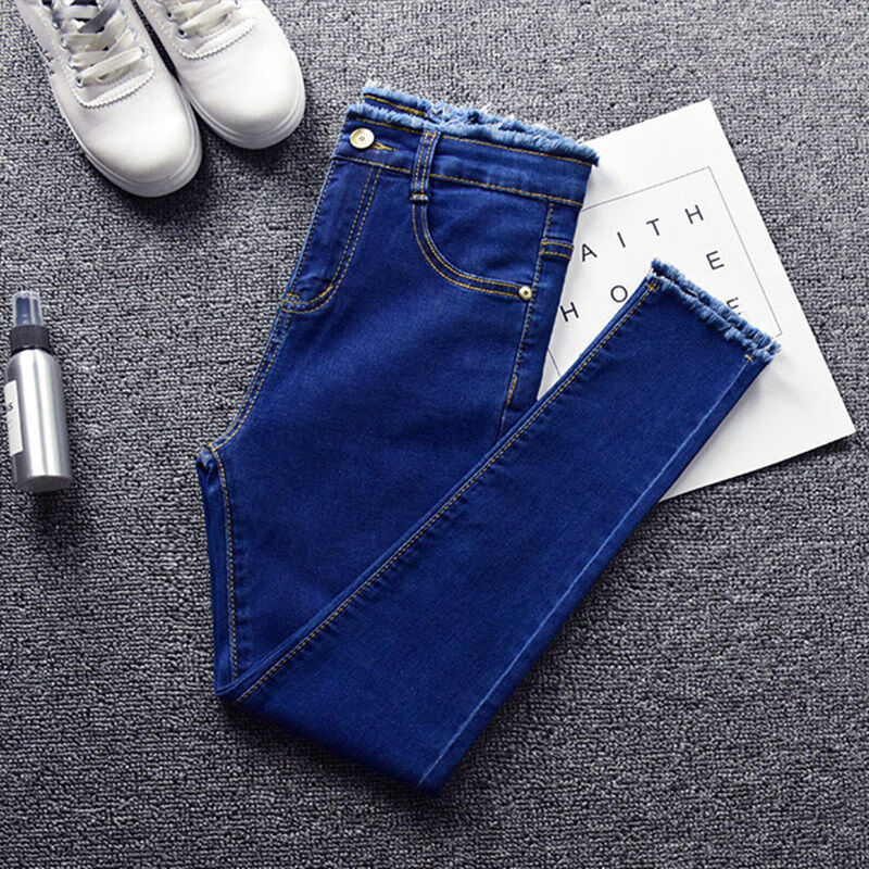 浅黛颜蓝色中高腰九分牛仔裤女装2024春夏薄款棉弹力小脚铅笔裤紧身大