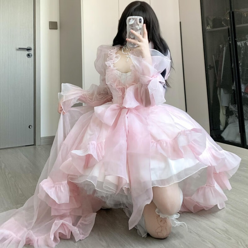 闪动少女（SHANDONGSHAONV）洛丽塔Lolita法式花嫁礼服抹胸连衣裙礼生日洋装公主lo萝莉塔 粉色吊带裙+外披拖尾 (送裙撑) M 【建议85-105斤】