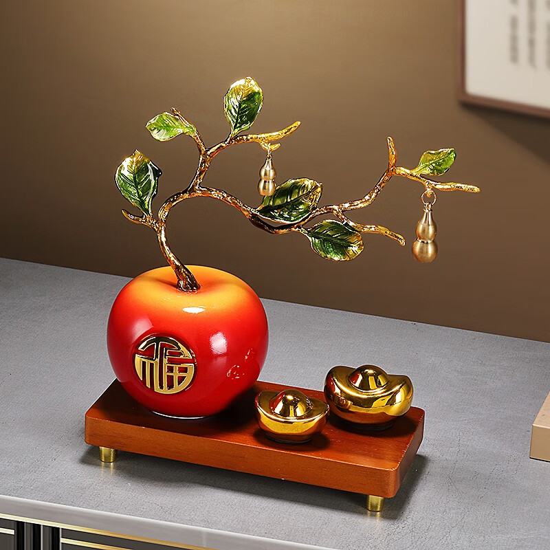 赟娅事事如意柿子桌面摆件入户玄关新中式家居陶瓷装饰品乔迁高档礼物 珐琅彩平安喜乐【苹果】+高底座（红色）【礼盒装】