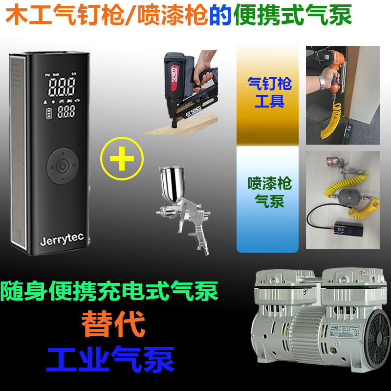 杰瑞泰（JERRYTEC）车载充气泵汽车打气泵木工气泵气钉枪预设胎压自动充停电动打气筒 打钉套餐-气泵+收纳袋+钉枪3米管