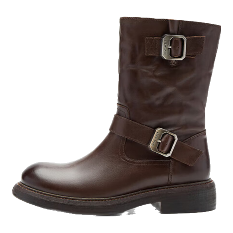 NINE WEST玖熙騎士煙筒靴圓頭低跟黑色機車時裝靴 NG549012CE 棕色 35