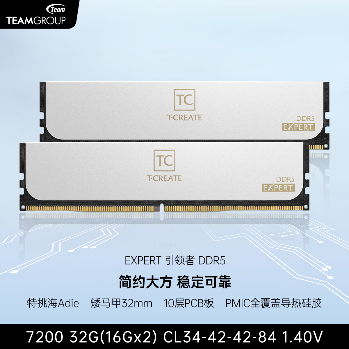 十銓科技EXPERT引領(lǐng)者 DDR5內(nèi)存條臺式機(jī)矮馬甲條7200 6400 6000 32G 48G 64G 96G 10層PCB板 孔洞散熱設(shè)計 7200 32G(16Gx2)【特挑Adie】白