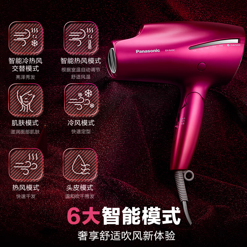 松下（Panasonic）电吹风机大功率高速折叠 大风力速干纳诺怡护发不伤发老婆女友家用电吹风筒NA9C红色
