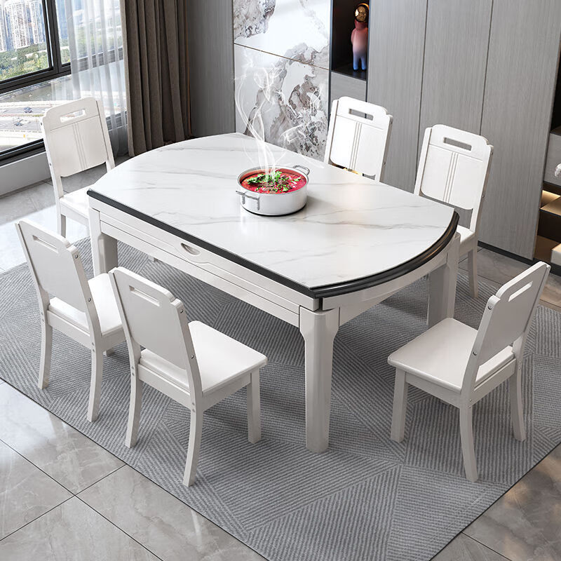梵森荣2026新款岩板餐桌椅组合现代简约家用带电磁炉可伸缩方圆两用饭桌 黑白+雪山白亮光 1.35m  +8餐椅(皮椅)