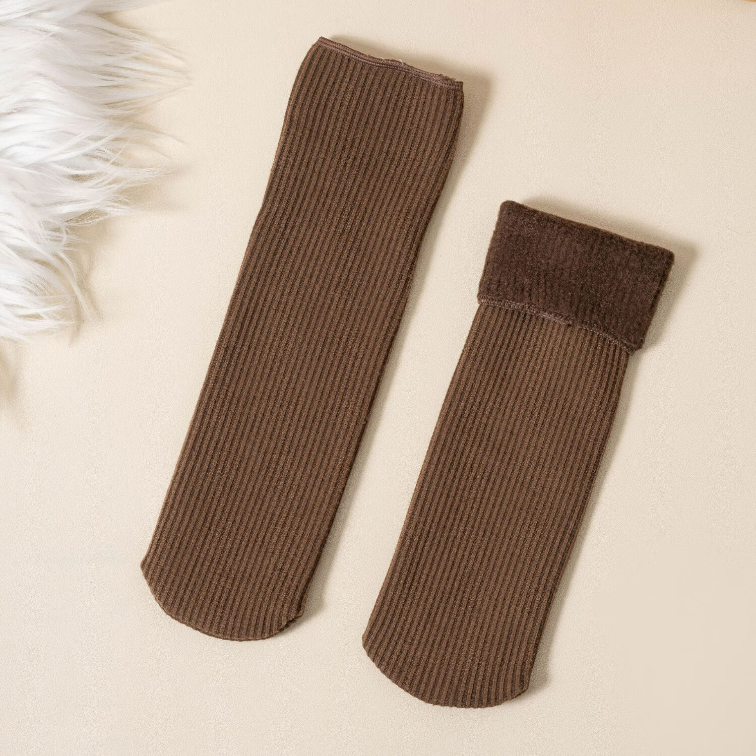 秋冬季简约雪地袜加绒加厚袜子女防寒袜保暖中筒袜纯色睡眠地板袜 咖