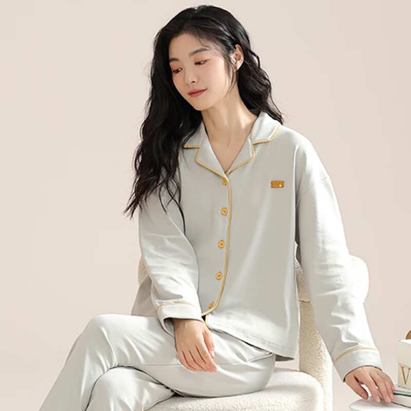 猫人纯棉睡衣女士2025年新款100%全棉秋冬季家居服可外穿大码长袖套装 时尚银 100%纯棉 XL 【适合120-140斤】