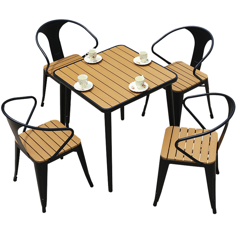 尚伦 SunRoy 餐厅桌椅组合庭院塑木桌椅五件套 咖啡厅奶茶店休闲餐桌户外家具 圆背塑木4椅+60十字脚圆桌