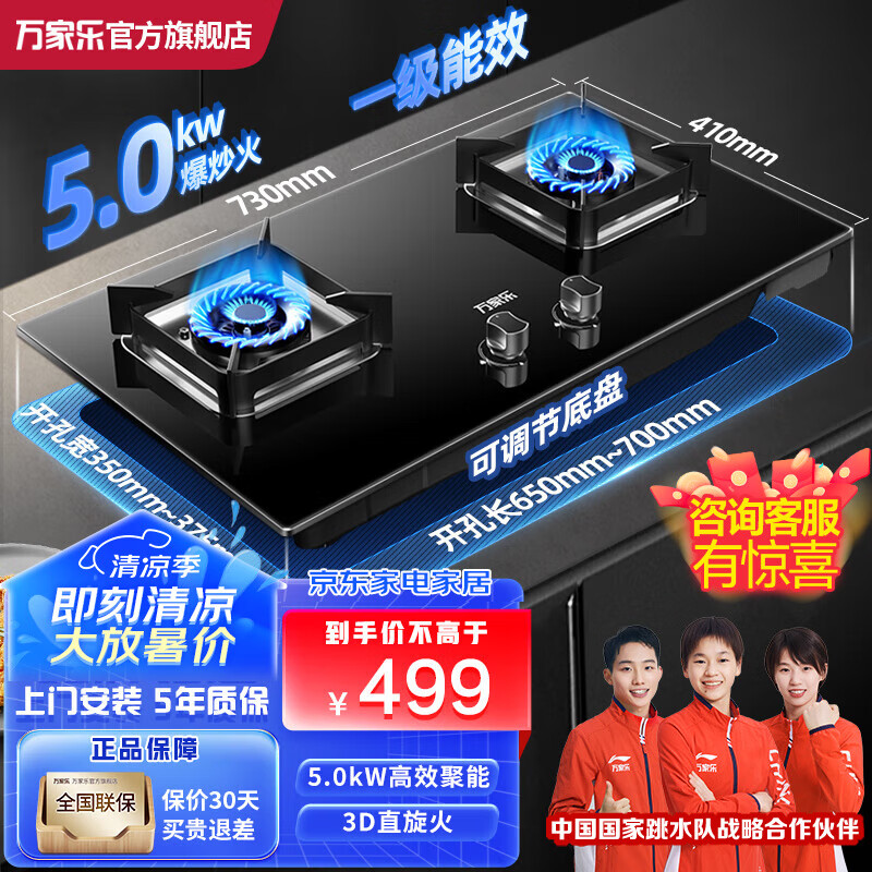 万家乐（Macro）聚能猛火燃气双灶具家用 煤气炉台式嵌入式双灶头快速点火 3D立体加热 一级能效全进风 【易洁钢化玻璃面AY5】天然气5.0KW