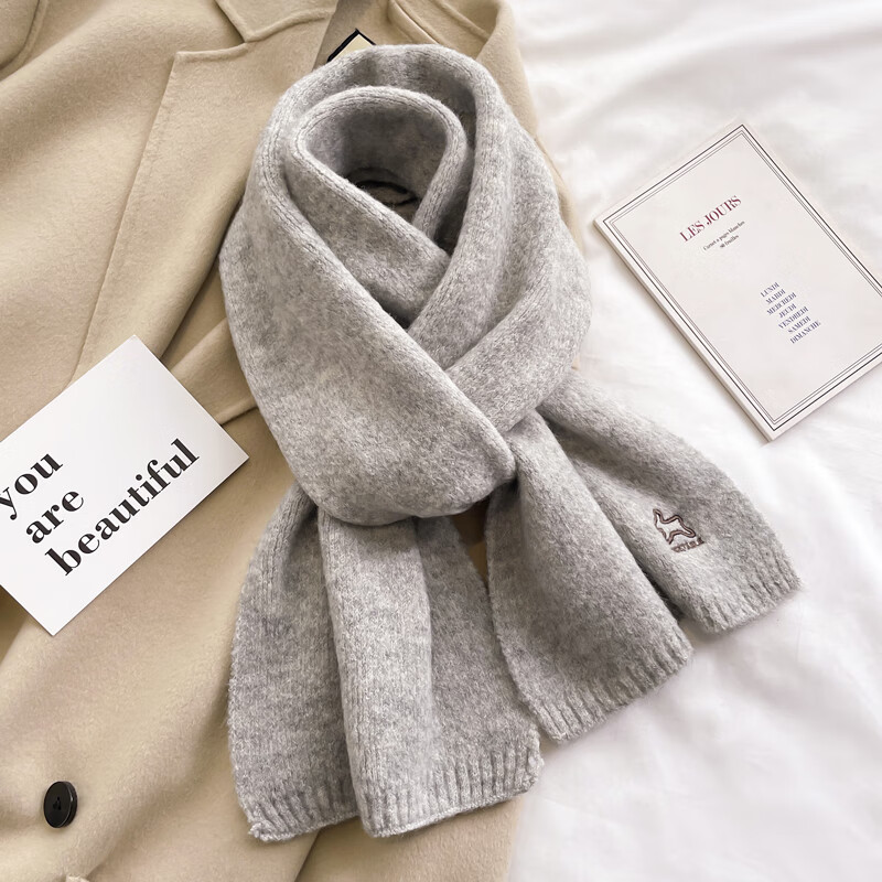 追玥梦男士小围巾冬季短款轻薄针织兔子针织毛线围巾男女生冬季纯灰色