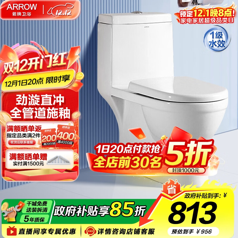 箭牌（ARROW） 家用大冲力直冲防臭节水连体马桶加大管道排污缓降盖板AEB12601 直冲马桶12601-1 350mm