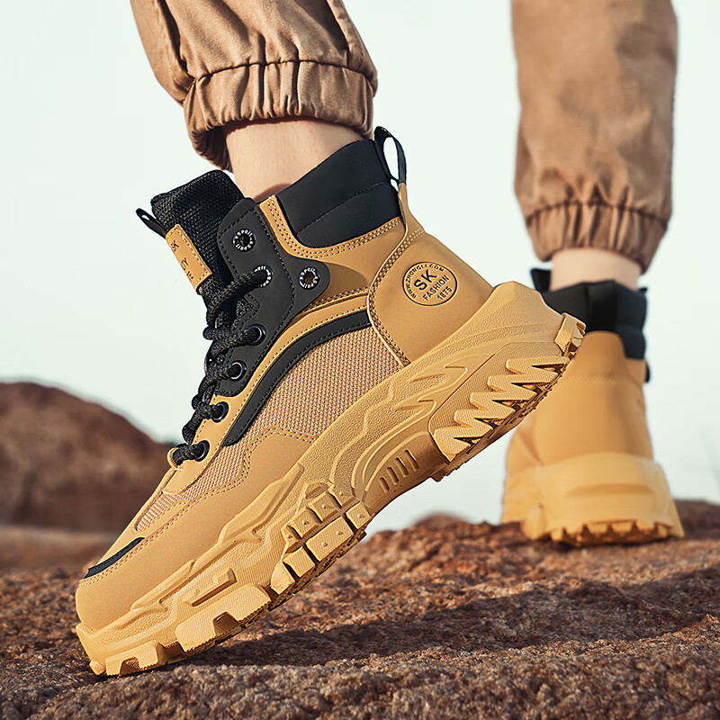 BAIKE马丁靴男冬季新款鞋子男雪地高帮靴子男劳保鞋工装鞋加绒保暖棉鞋 卡其 42 标准码