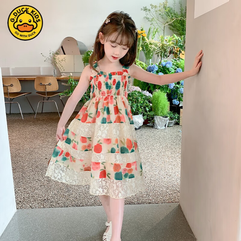 duckkids品牌女童连衣裙夏装女孩碎花裙洋气夏款吊带裙儿童夏季公主裙