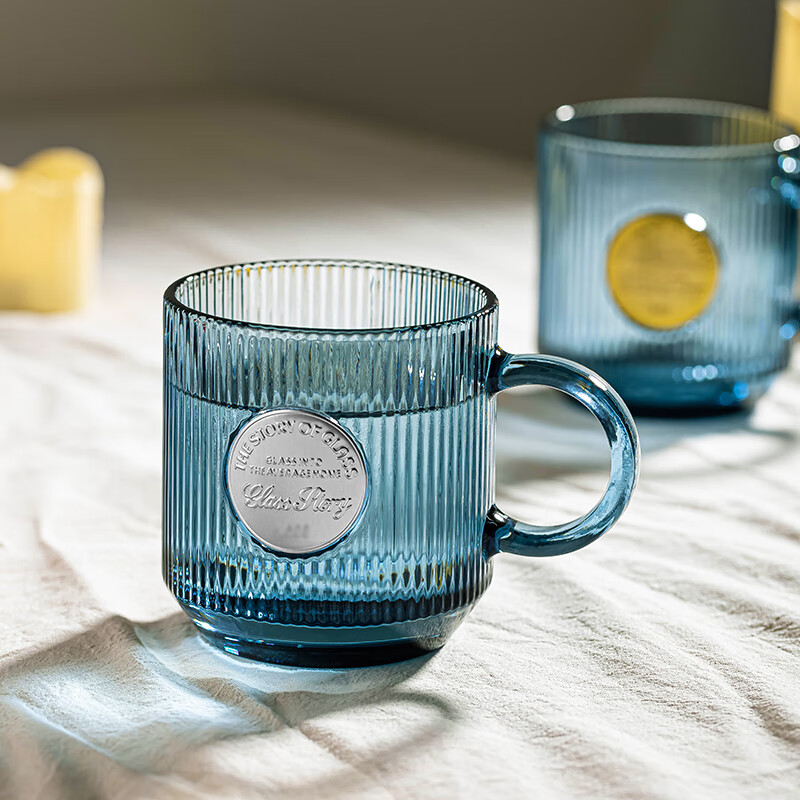 乐唯诗（LOVWISH）竖纹玻璃杯带把手喝水杯子ins高颜值咖啡杯家用泡茶杯加厚牛奶杯 墨蓝竖纹巴克杯【双色混装】330ml/2只