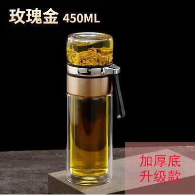 茶水分离杯泡茶杯保温双层创意玻璃杯女士大容量过滤水杯 450.0ml 玫瑰金色旋转提绳升级款（1个