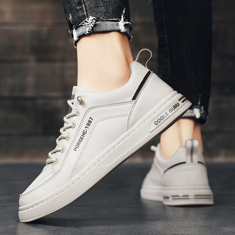 西域骆驼（VANCAMEL）男鞋秋季英伦商务休闲皮鞋子男士免系带软底百搭运动板鞋子男板鞋 【官方正品 品质保证】白色配色 43