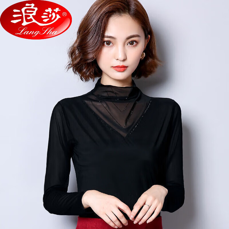 浪莎春夏打底衫薄款/加絨款蕾絲打底衫女長袖洋氣網(wǎng)紗高領(lǐng)百搭T恤 黑色 春夏 薄款 均碼 110120斤)