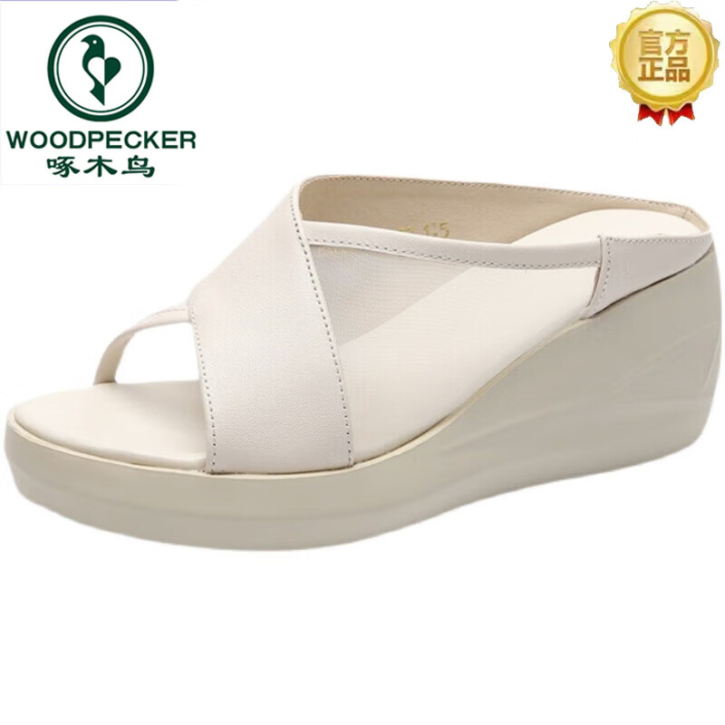 啄木鸟真皮坡跟拖鞋女外穿厚底年夏季新款网纱高跟松糕凉拖软底 米白色 37