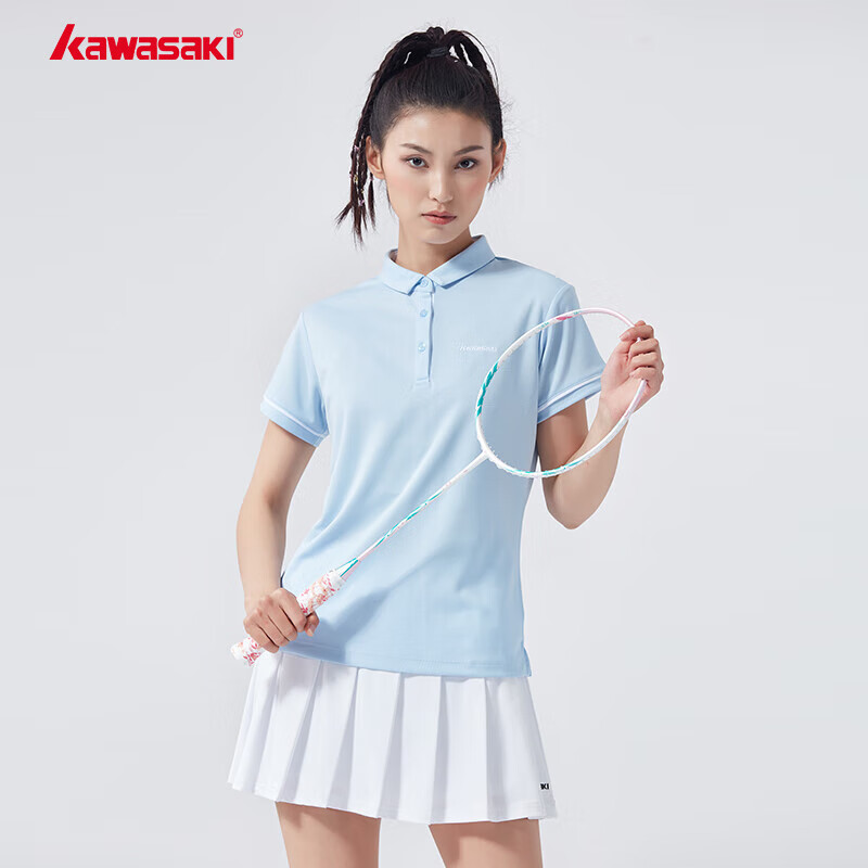 kawasaki川崎羽毛球服女款专业运动短袖翻领速干T恤V2920 冰蓝色 L 