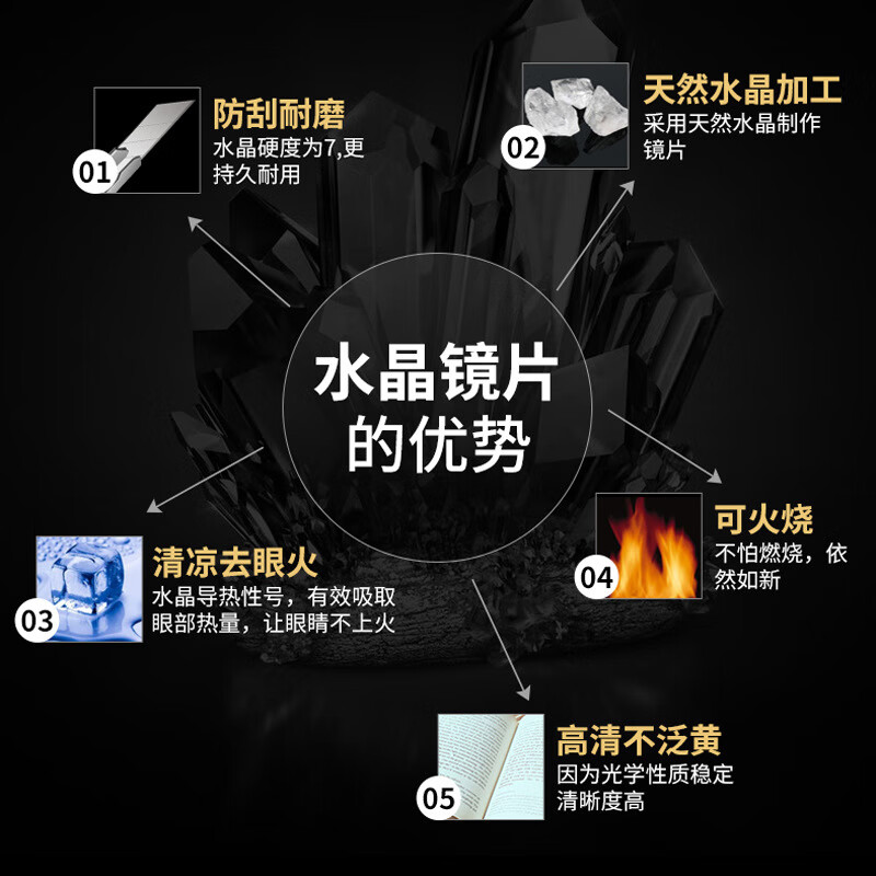 卡法(KAFA)天然水晶老花镜女士中老年高清石头玻璃老花眼镜男 黑银-水晶老花镜 400度【建议年龄75岁以上】