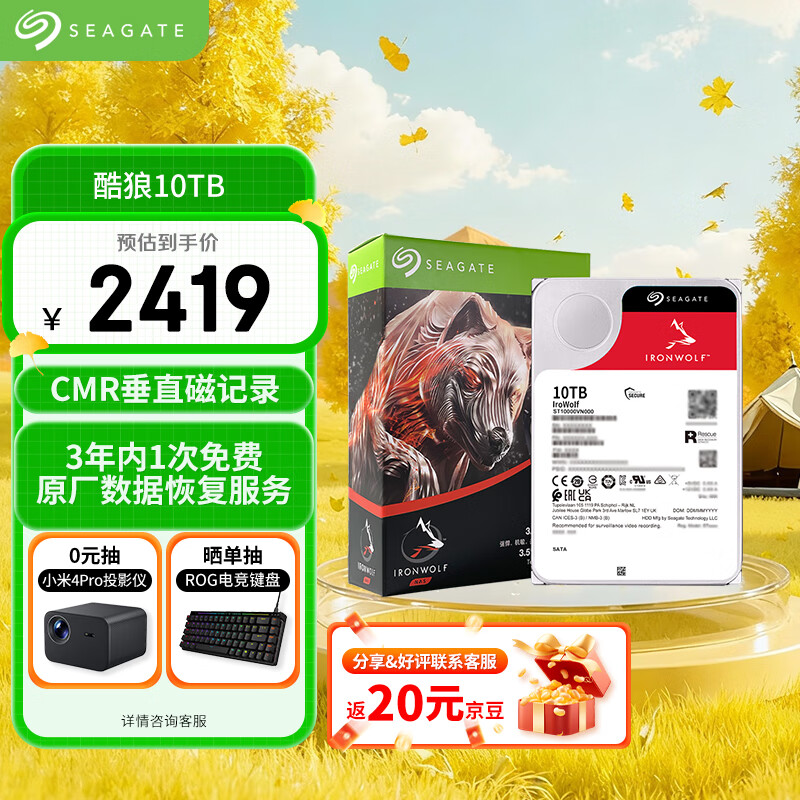 希捷（SEAGATE）NAS硬盘 10TB 256MB 机械硬盘 CMR垂直 静音低耗 数据恢复服务 3.5英寸 希捷酷狼 ST10000VN000