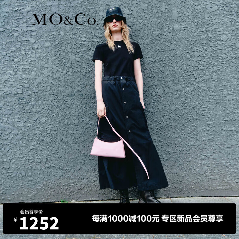 MO&Co.2024春新品拼接式A字连衣裙抽绳松紧腰按扣开叉MBD1DRST14 黑色 L/170