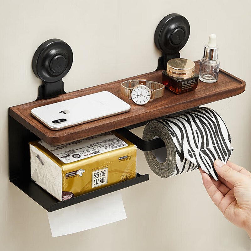 居臣仕卫生间吸盘胡桃木纸巾架卷纸架厕所卫生纸盒挂壁式纸巾盒抽纸盒 吸盘式胡桃木双卷纸抽纸架