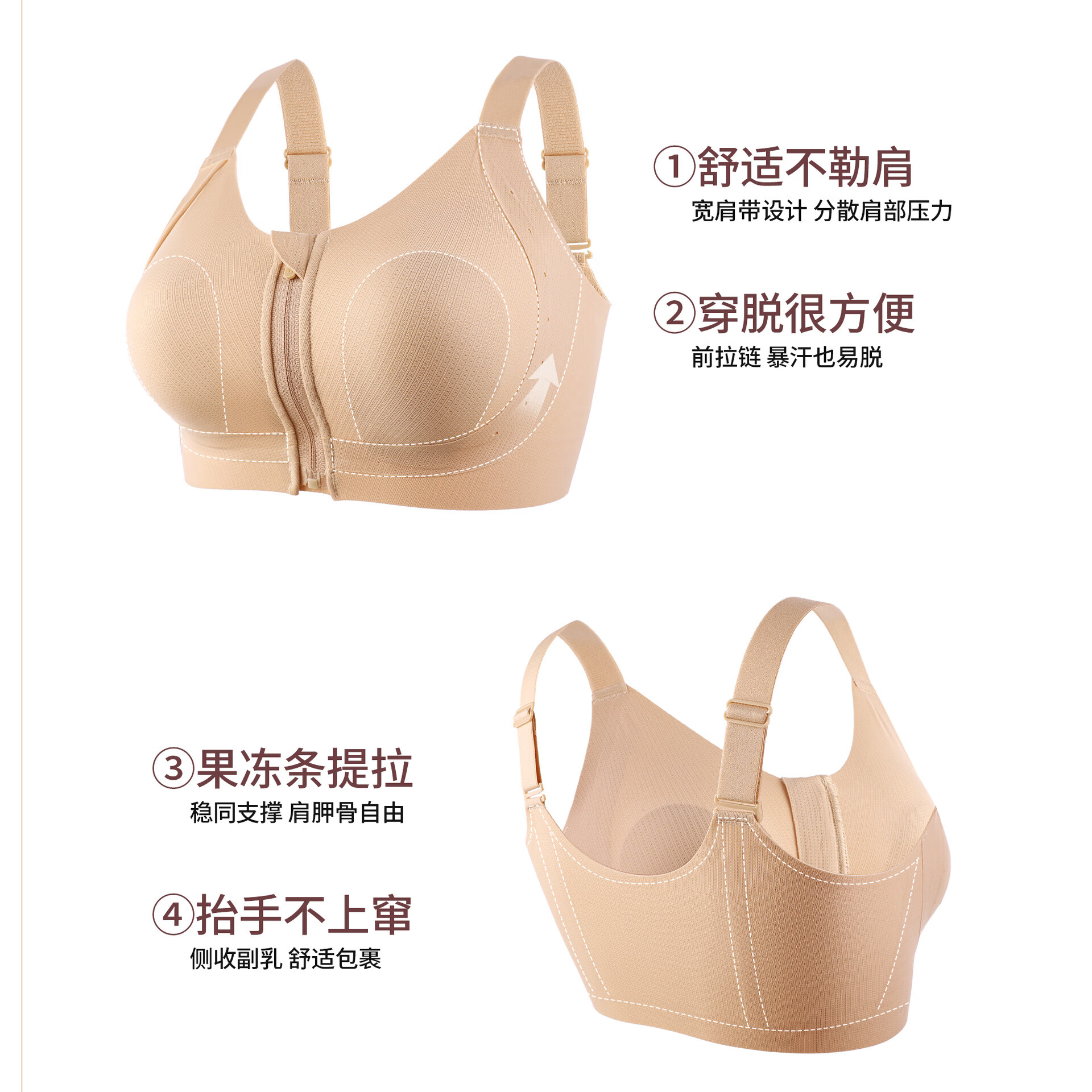 淳念(chunnian)拉链粉底内衣女士大胸显小防凸点舒适防垂提拉无痕文胸罩 MWY-622拉链-隐形肤 M