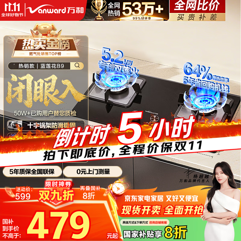 万和（Vanward）【蓝莲花B9·5.2kW】天然气燃气灶猛火烟灶联动以旧换新国家补贴20%嵌入式家用煤气双炉具台B9L50