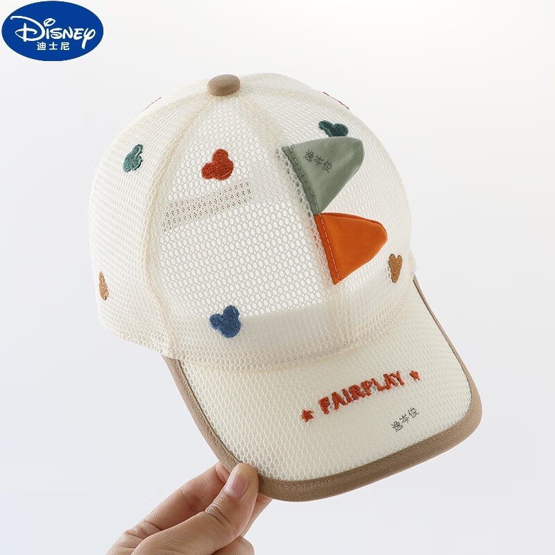 迪士尼（Disney）婴儿遮阳帽子夏季透气网眼鸭舌帽男宝宝防晒太阳帽儿童夏款棒球帽 PTT两角奇绣网棒-米色 50建议1-3岁/头围47-51cm 可调节