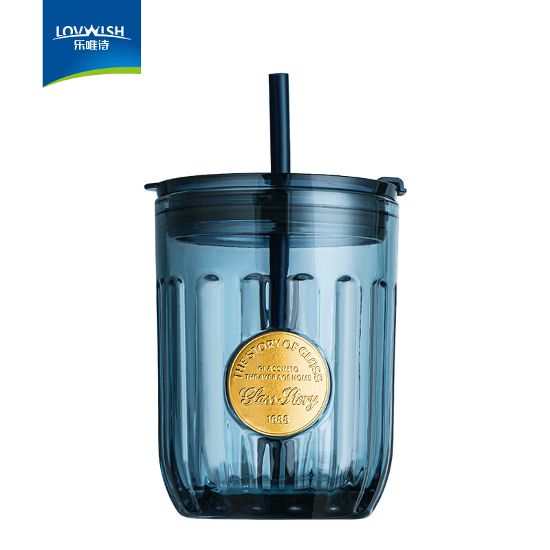 LOVWISH墨蓝高颜值玻璃杯ins风咖啡杯家用ins风果汁杯子带盖可乐吸管水杯 墨蓝可乐吸管杯【金章印章】450ml*1