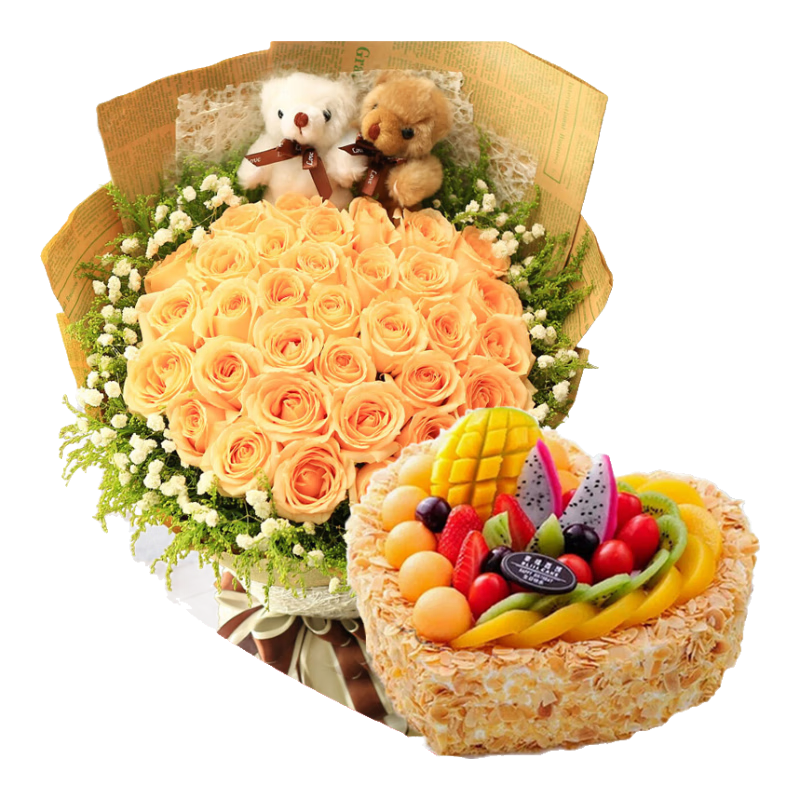 許愿一刻 生日蛋糕鮮花蛋糕套餐組合預(yù)定當(dāng)日送達(dá)同城配送 G款-33朵香檳+水果蛋糕 8寸