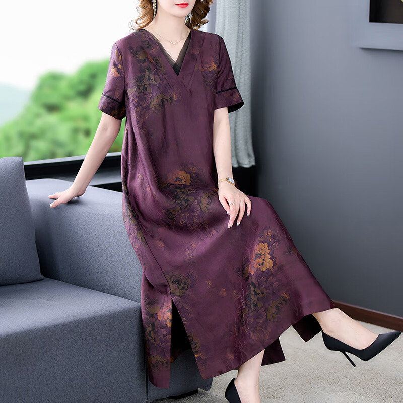 恒源祥香云纱连衣裙2024新款夏季高端妈妈气质宽松真丝桑蚕丝长裙子