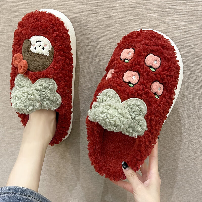 棉冬季冬季棉拖鞋女可爱卡通小女孩居家用室外保暖 红色苹果女孩棉拖