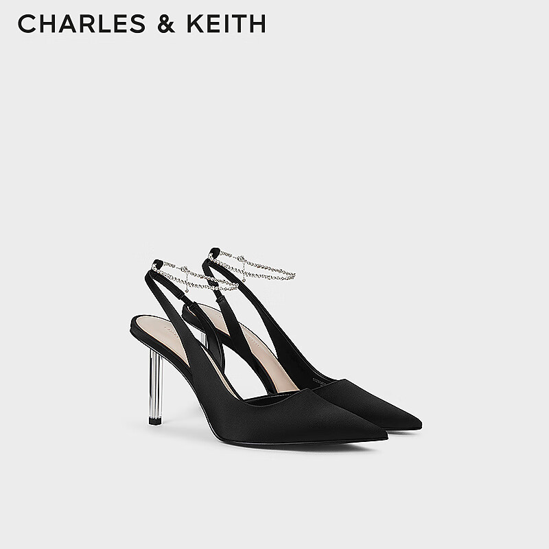 CHARLES&KEITH24夏新品亮钻链条腕带尖头高跟凉鞋女CK1-60280436 BLACK TEXTURED黑色纹理 38