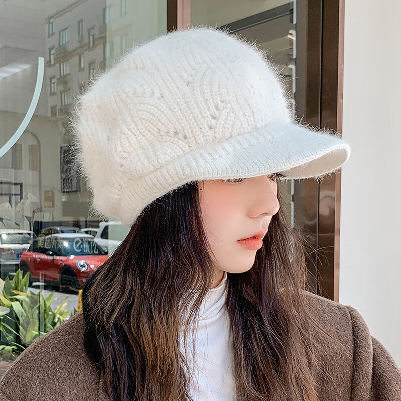 确不凡帽子女秋冬毛线帽带帽檐白色兔毛款护耳加绒帽檐毛线帽圆顶百搭