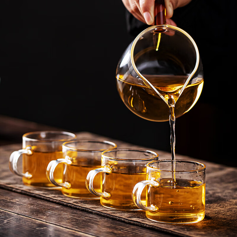 流影日式玻璃公道杯耐热家用茶海分茶器透明公杯加厚高档功夫茶具茶盅 企鹅公道杯-绿把450ml+分体式茶漏套组