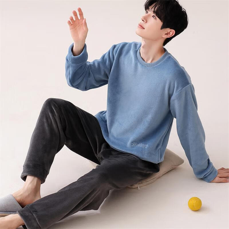 宜而爽睡衣秋冬季法兰绒加绒加厚保暖长袖长裤套装休闲可外穿家居服 纯色男款【上衣+裤子】 L