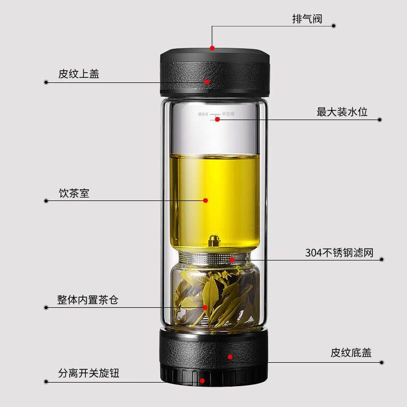百莱斯茶水分离杯双层玻璃过滤泡茶杯高档商务办公茶水杯老师纪念品礼物 橄榄绿 380ml