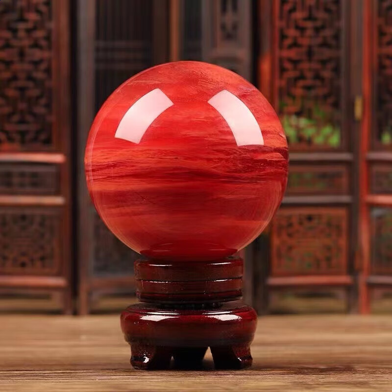 朗恩天然红水晶朱砂红球摆件祝家庭事业红红火火鸿运当头 直径5厘米