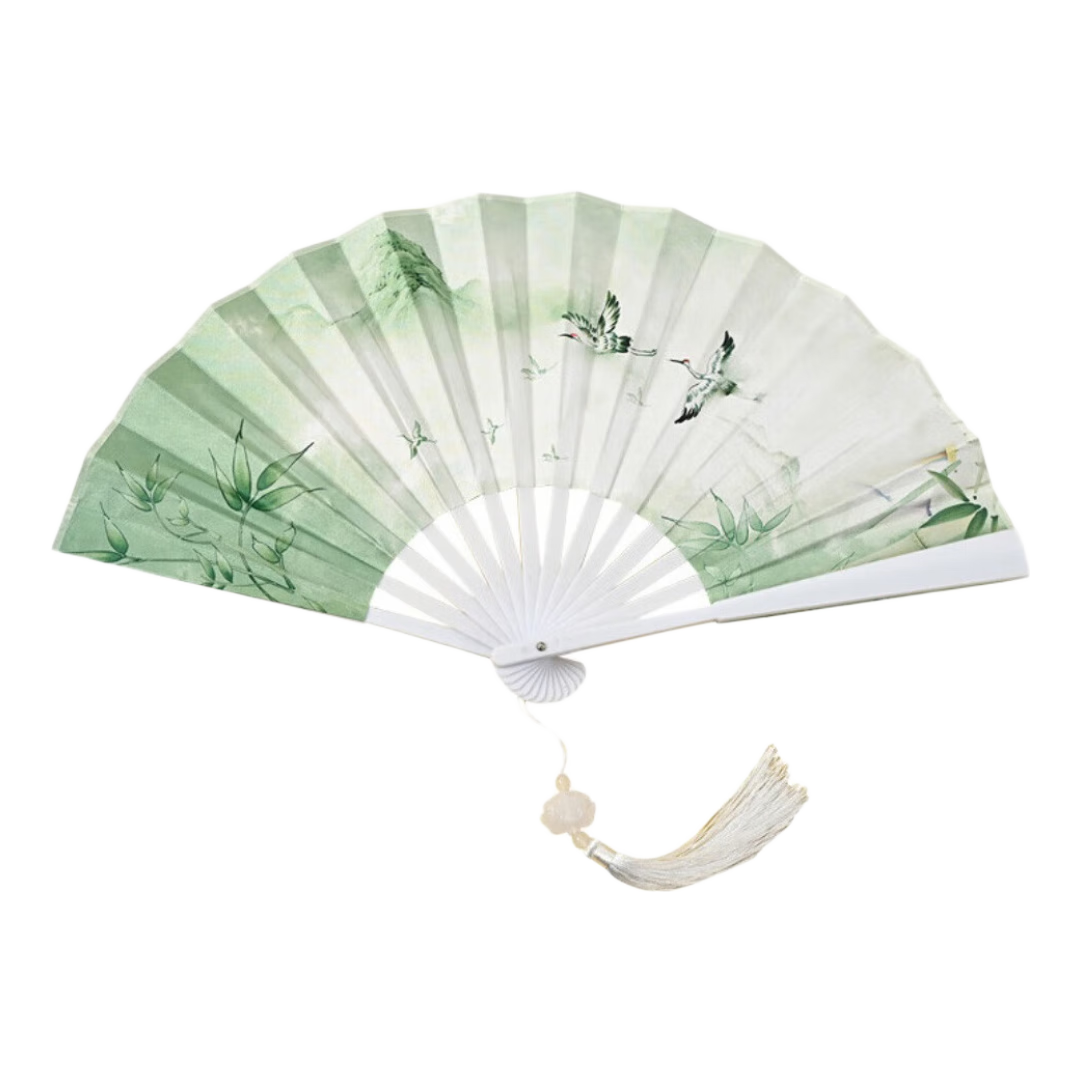 其他家中國風8寸塑料扇帶流蘇吊墜古風霸氣折扇男漢服舞蹈絹布扇子批發(fā) 竹子鶴白色